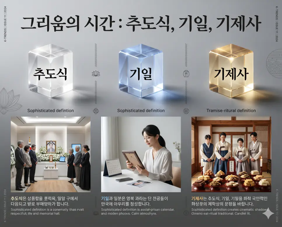 추도식 뜻, 기일 뜻, 기제사 뜻: 고인을 그리워하는 마음과 해마다 돌아오는 제사 예법 정리 4 추모와 예절에 관한 핵심 용어인 추도식, 기일, 기제사의 정확한 뜻을 한눈에 비교할 수 있도록 각 개념을 대변하는 직관적인 인물 중심의 시각적 상황을 체계적으로 배열하고, 왼쪽 크리스털 프리즘에 각 단어를 1:1로 매칭하여 가독성을 극대화한 초호화 K-에디토리얼 매거진 포스터 스타일의 프리미엄 인포그래픽 포스터입니다. 세련된 티타늄 그레이 배경 위에 정교한 레이아웃을 배치하여 압도적인 시각적 완성도를 구현했습니다.