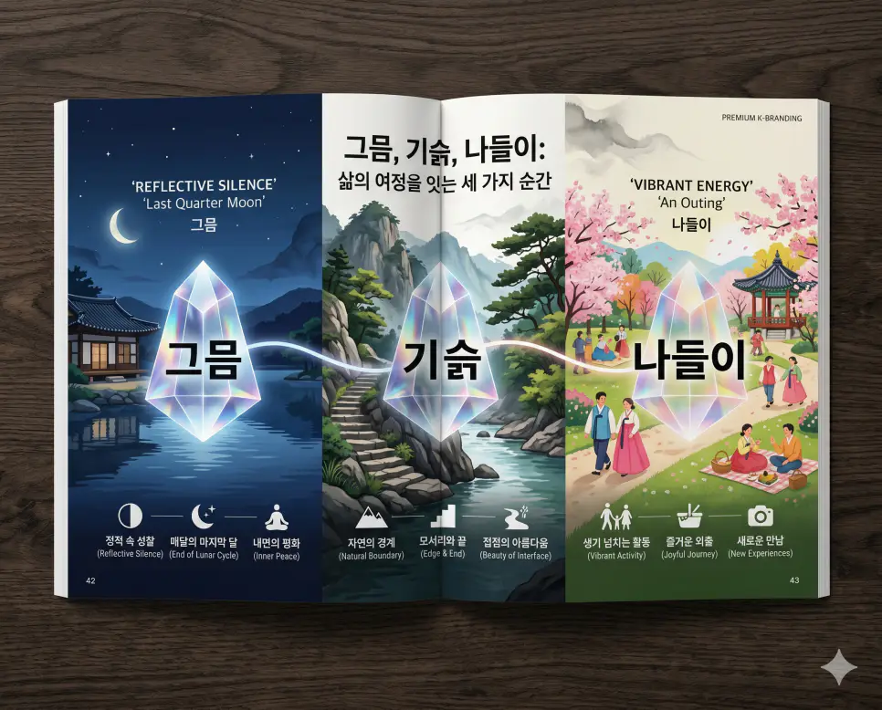 그믐 뜻, 기슭 뜻, 나들이 뜻: 마무리와 새로운 시작을 담은 아름다운 우리말 정리 4 한국의 정서와 자연의 경계를 담은 키워드인 그믐, 기슭, 나들이의 개념을 한눈에 파악할 수 있도록 제작된 전문 매거진 스타일의 프리미엄 인포그래픽 포스터입니다. 현대적인 한국인 모델과 자연의 미장센이 어우러진 배경 위에 정교한 데이터와 3D 크리스탈 질감을 배치하여 가독성을 극대화한 시각 자료입니다.