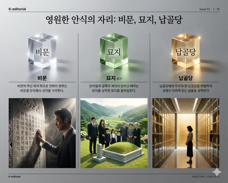영원한 안식과 기록에 관한 핵심 용어인 비문, 묘지, 납골당의 정확한 뜻을 한눈에 비교할 수 있도록 각 개념을 대변하는 직관적인 인물 중심의 시각적 상황을 체계적으로 배열하고, 왼쪽 크리스털 프리즘에 각 단어를 1:1로 매칭하여 가독성을 극대화한 초호화 K-에디토리얼 매거진 포스터 스타일의 프리미엄 인포그래픽 포스터입니다. 세련된 티타늄 그레이 배경 위에 정교한 레이아웃을 배치하여 압도적인 시각적 완성도를 구현했습니다.