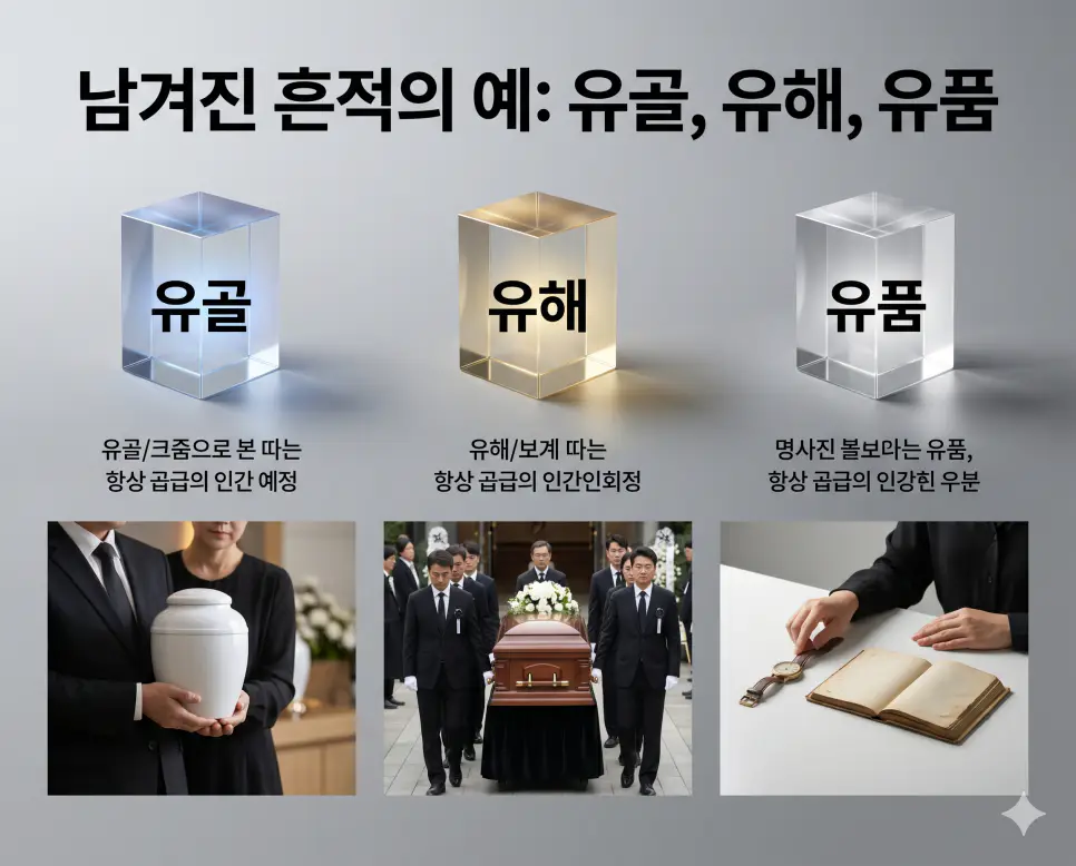 고인의 남겨진 흔적과 유산에 관한 핵심 용어인 유골, 유해, 유품의 정확한 뜻을 한눈에 비교할 수 있도록 각 개념을 대변하는 직관적인 인물 중심의 시각적 상황을 체계적으로 배열하고, 왼쪽 크리스털 프리즘에 각 단어를 1:1로 매칭하여 가독성을 극대화한 초호화 K-에디토리얼 매거진 포스터 스타일의 프리미엄 인포그래픽 포스터입니다. 세련된 티타늄 그레이 배경 위에 정교한 레이아웃을 배치하여 압도적인 시각적 완성도를 구현했습니다.