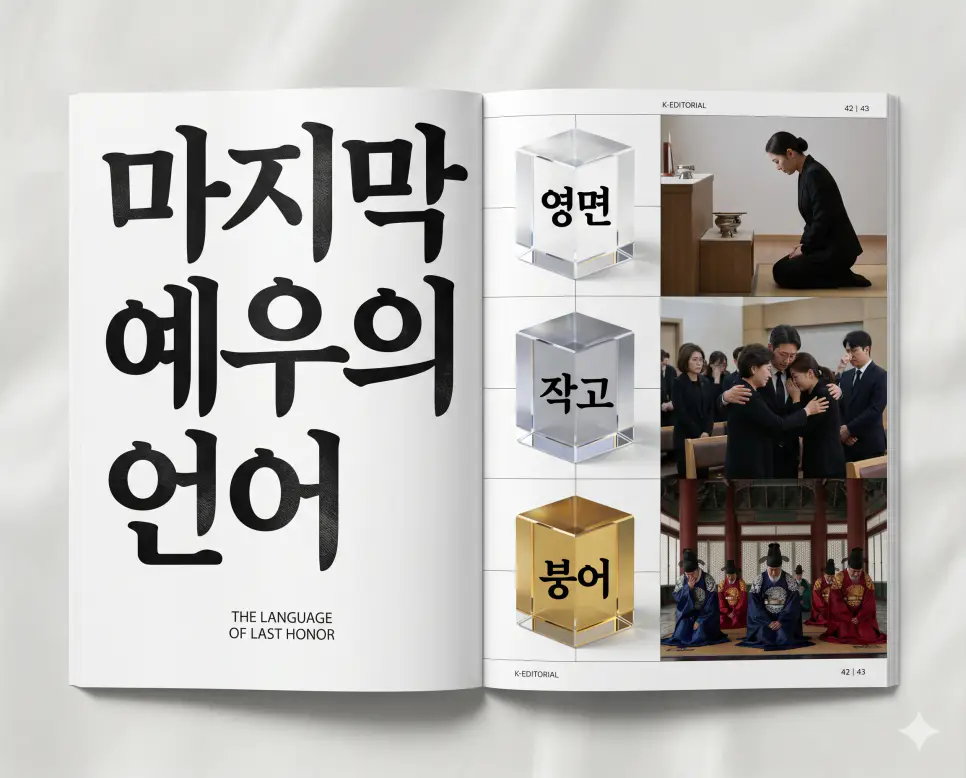 영면 뜻, 작고 뜻, 붕어 뜻: 사람의 죽음을 높여 이르는 최고 수준의 경칭 표현 정리 4 사람의 마지막을 기리는 최고 수준의 경칭 용어인 영면, 작고, 붕어의 정확한 뜻을 한눈에 비교할 수 있도록 각 개념을 대변하는 직관적인 인물 중심의 시각적 상황을 체계적으로 배열하고, 왼쪽 크리스털 프리즘에 각 단어를 1:1로 매칭하여 가독성을 극대화한 초호화 K-에디토리얼 매거진 스타일의 프리미엄 인포그래픽 포스터입니다. 세련된 실크 질감의 배경 위에 정교한 레이아웃을 배치하여 정보의 신뢰성과 가공할 만한 시각적 완성도를 구현했습니다.