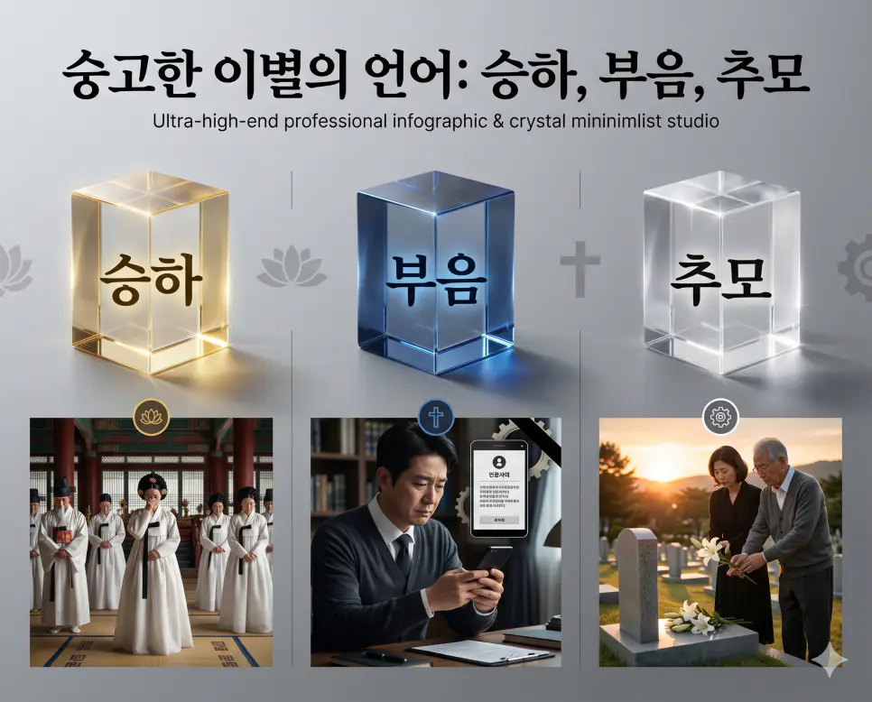 임종과 소식에 관한 최고 수준의 경칭 및 예우 용어인 승하, 부음, 추모의 정확한 뜻을 한눈에 비교할 수 있도록 각 개념을 대변하는 직관적인 인물 중심의 시각적 상황을 체계적으로 배열하고, 왼쪽 크리스털 프리즘에 각 단어를 1:1로 매칭하여 가독성을 극대화한 초호화 K-에디토리얼 매거진 스타일의 프리미엄 인포그래픽 포스터입니다. 세련된 실크 질감의 배경 위에 정교한 레이아웃을 배치하여 정보의 신뢰성과 압도적인 시각적 완성도를 구현했습니다.