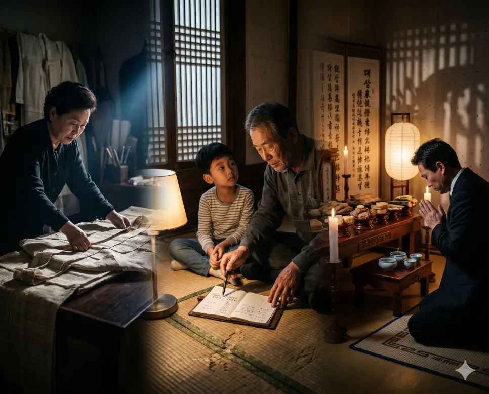 염습 뜻, 삼칠일 뜻, 대상 뜻 개념을 세계적인 포토다큐멘터리 잡지 사진 스타일로 깊이 있게 융합한 실사 포스터