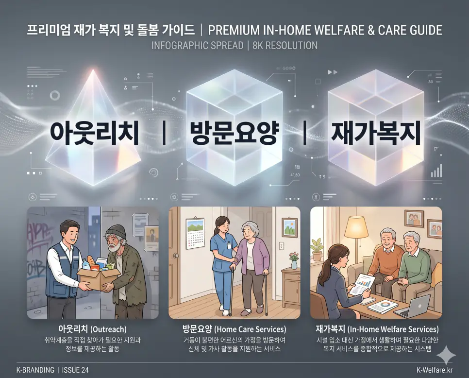 사회 복지 및 돌봄 행정 용어인 아웃리치, 방문요양, 재가복지의 정확한 뜻을 한눈에 비교할 수 있도록 각 개념을 대변하는 직관적인 인물 중심의 시각적 상황(거리에서 구호품을 전하는 사회복지사, 할머니의 보행을 돕는 요양보호사, 가정집 소파에서 상담받는 노부부)을 체계적으로 배열한 전문 매거진 스타일의 프리미엄 인포그래픽 포스터입니다. 세련된 티타늄 그레이 배경 위에 정교한 레이아웃을 배치하여 정보의 신뢰성과 가독성을 극대화한 시각 자료입니다.