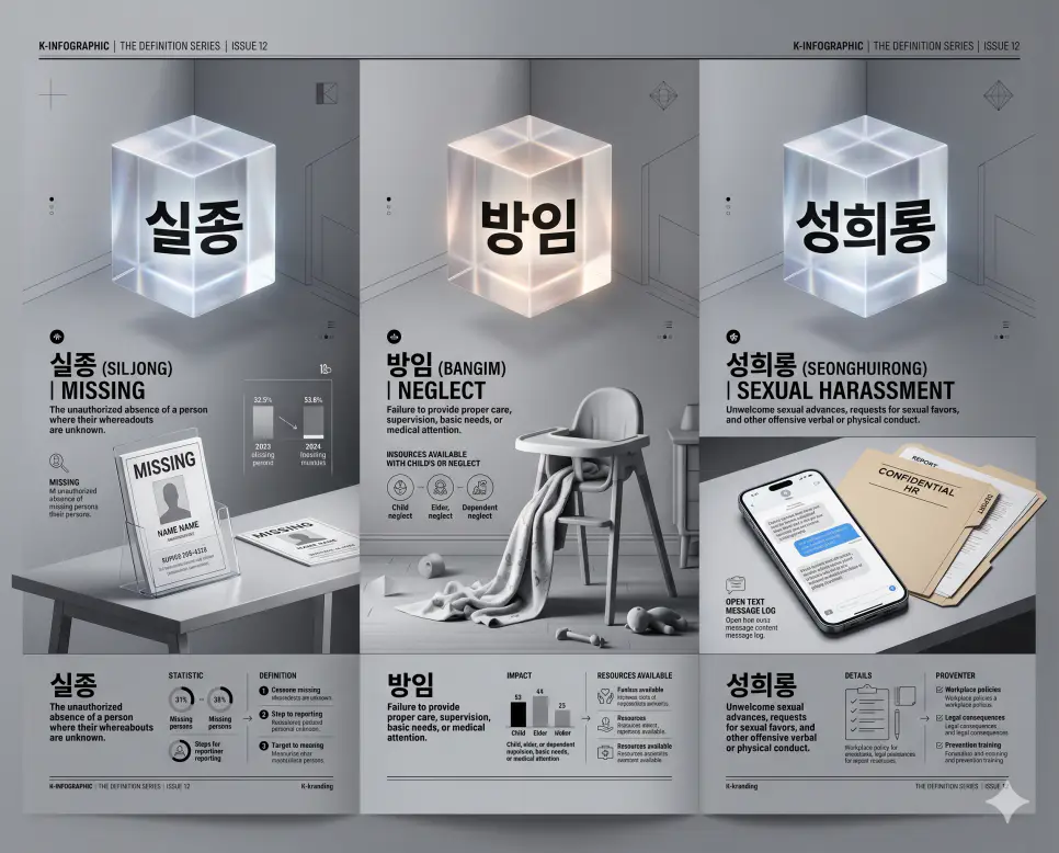 사회 복지 및 법률 용어인 실종, 방임, 성희롱의 정확한 뜻을 한눈에 비교할 수 있도록 각 개념을 대변하는 직관적인 시각적 사물(실종자 전단지, 방치된 아기 의자, 인사과 신고 서류와 스마트폰)을 체계적으로 배열한 전문 매거진 스타일의 프리미엄 인포그래픽 포스터입니다. 세련된 티타늄 그레이 배경 위에 정교한 레이아웃을 배치하여 정보의 신뢰성과 가독성을 극대화한 시각 자료입니다.