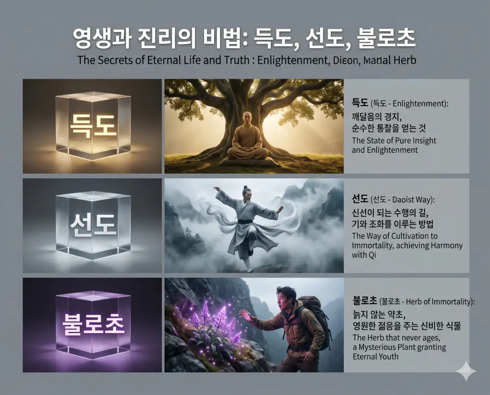 득도 뜻, 선도 뜻, 불로초 뜻: 우주 진리의 깨달음과 도교 양생술 및 영생의 약초 정리 4 영원한 젊음과 영적 해탈에 관한 핵심 용어인 득도, 선도, 불로초의 정확한 뜻을 한눈에 비교할 수 있도록 각 개념을 대변하는 직관적인 인물 중심 시각 자료를 체계적으로 배열하고, 왼쪽 크리스털 프리즘에 각 단어를 1:1로 매칭하여 가독성을 극대화한 초호화 K-에디토리얼 매거진 포스터 스타일의 프리미엄 인포그래픽 포스터입니다. 세련된 티타늄 그레이 배경 위에 정교한 레이아웃을 배치하여 압도적인 시각적 완성도를 구현했습니다.