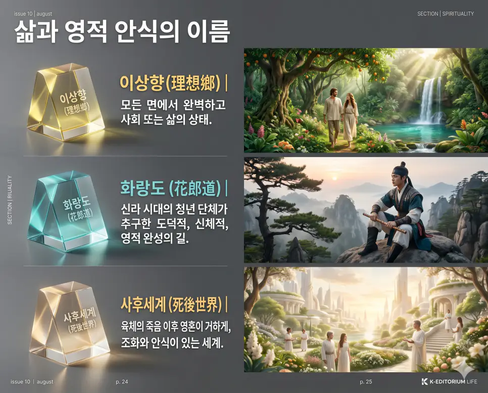 인간의 이상향과 영적 안식에 관한 핵심 용어인 이상향(理想鄕), 화랑도(花郞道), 사후세계(死後世界)의 뜻을 한눈에 비교할 수 있도록 각 개념을 대변하는 극사실주의 인물 중심 실사 자료를 체계적으로 배열한 프리미엄 인포그래픽 포스터입니다. 세련된 티타늄 그레이 배경 위에 정교한 레이아웃을 배치하고, 각 이미지와 1:1로 매칭되는 한자 병기 키워드와 정의를 소름 돋게 큰 글씨로 각인하여 압도적인 시각적 완성도와 가독성을 구현했습니다.