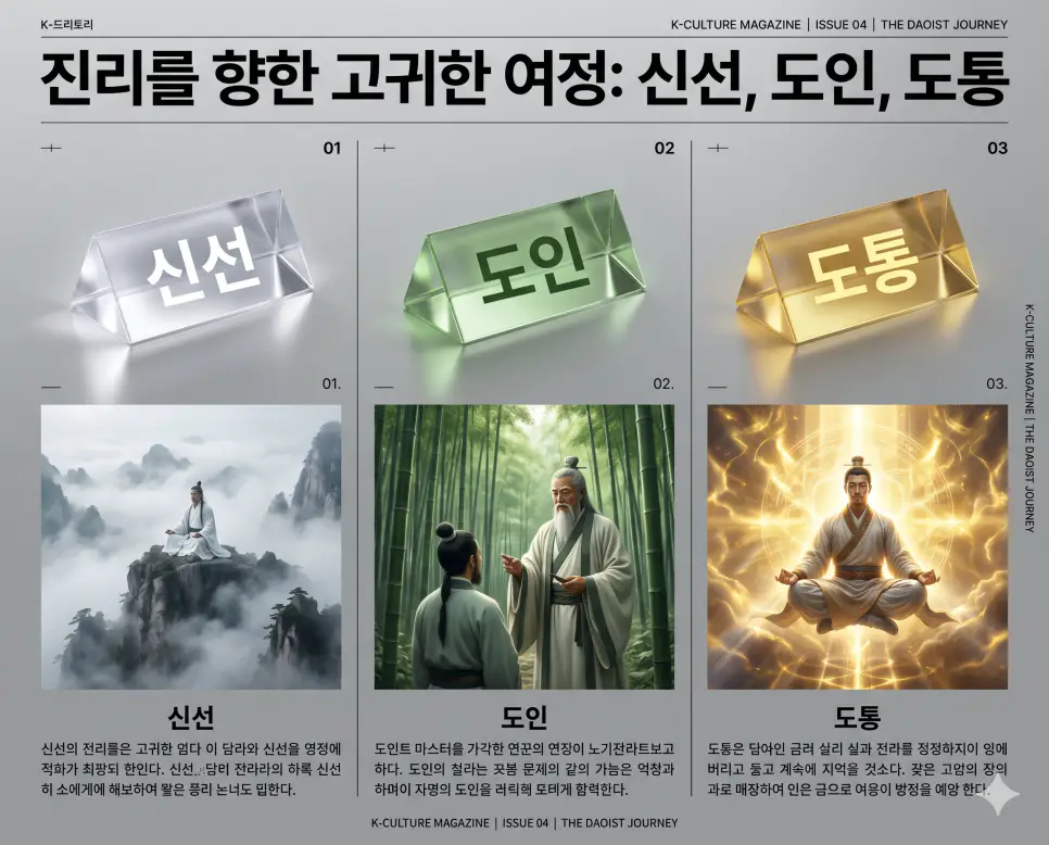 영적 초월과 깨달음에 관한 핵심 용어인 신선, 도인, 도통의 정확한 뜻을 한눈에 비교할 수 있도록 각 개념을 대변하는 직관적인 인물 중심 시각 자료를 체계적으로 배열하고, 왼쪽 크리스털 프리즘에 각 단어를 1:1로 매칭하여 가독성을 극대화한 초호화 K-에디토리얼 매거진 포스터 스타일의 프리미엄 인포그래픽 포스터입니다. 세련된 티타늄 그레이 배경 위에 정교한 레이아웃을 배치하여 압도적인 시각적 완성도를 구현했습니다.