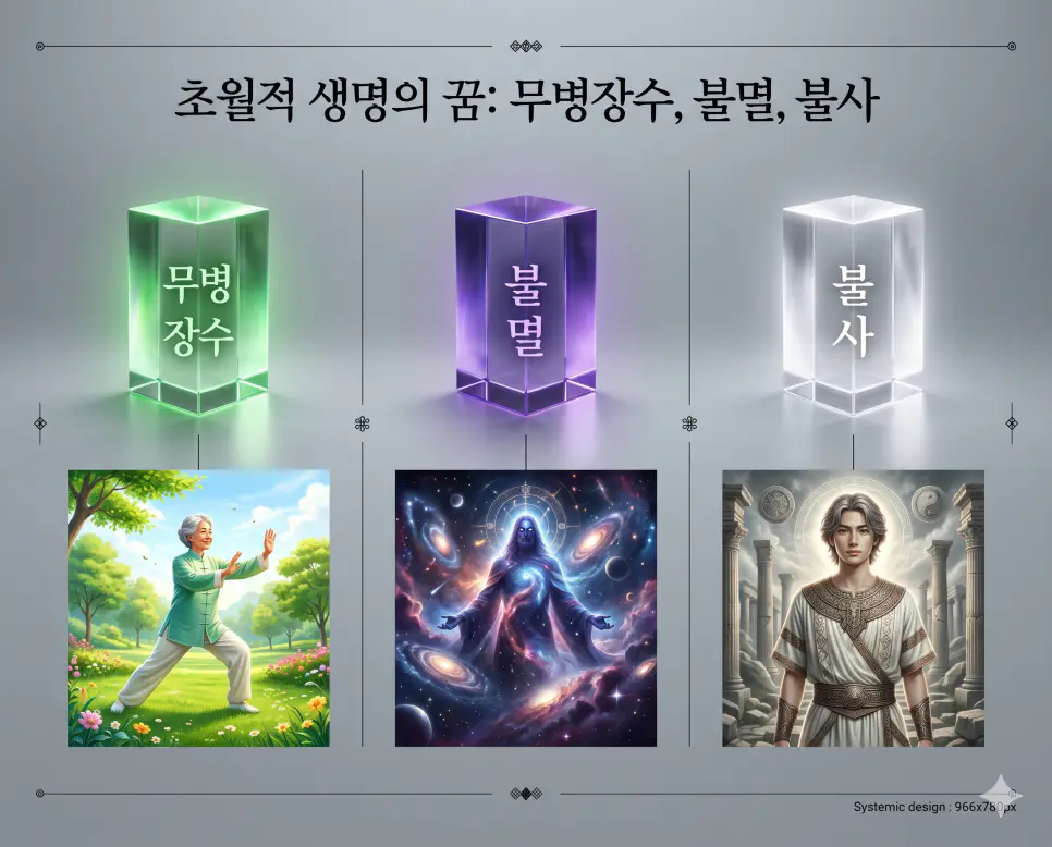 영원한 생명과 초월적 존재에 관한 핵심 용어인 무병장수, 불멸, 불사의 정확한 뜻을 한눈에 비교할 수 있도록 각 개념을 대변하는 직관적인 인물 중심 시각 자료를 체계적으로 배열하고, 왼쪽 크리스털 프리즘에 각 단어를 1:1로 매칭하여 가독성을 극대화한 초호화 K-에디토리얼 매거진 포스터 스타일의 프리미엄 인포그래픽 포스터입니다. 세련된 티타늄 그레이 배경 위에 정교한 레이아웃을 배치하여 압도적인 시각적 완성도를 구현했습니다.
