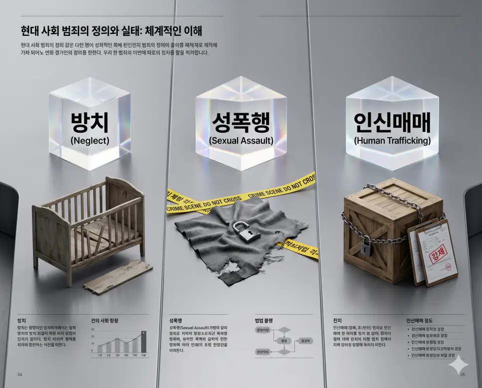 사회 복지 용어인 방치와 형법상 중대 범죄인 성폭행, 인신매매의 정확한 뜻을 한눈에 비교할 수 있도록 각 개념을 대변하는 직관적인 시각적 사물(부서진 아기 침대, 범죄 현장 증거 마커, 사슬에 묶인 상자와 여권)을 체계적으로 배열한 전문 매거진 스타일의 프리미엄 인포그래픽 포스터입니다. 세련된 티타늄 그레이 배경 위에 정교한 레이아웃을 배치하여 정보의 신뢰성과 가독성을 극대화한 시각 자료입니다.
