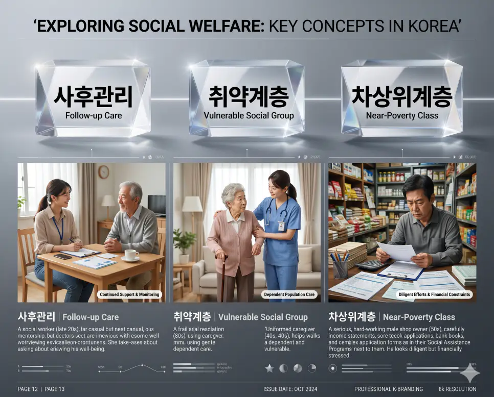 사회 복지 및 행정 수혜 용어인 사후관리, 취약계층, 차상위계층의 정확한 뜻을 한눈에 비교할 수 있도록 각 개념을 대변하는 직관적인 인물 중심의 시각적 상황(노인을 지속 체크하는 사회복지사, 따뜻한 돌봄을 받는 고령의 소외 계층, 소득을 확인하며 자립을 준비하는 근로 가장)을 체계적으로 배열한 전문 매거진 스타일의 프리미엄 인포그래픽 포스터입니다. 세련된 티타늄 그레이 배경 위에 정교한 레이아웃을 배치하여 정보의 신뢰성과 가독성을 극대화한 시각 자료입니다.