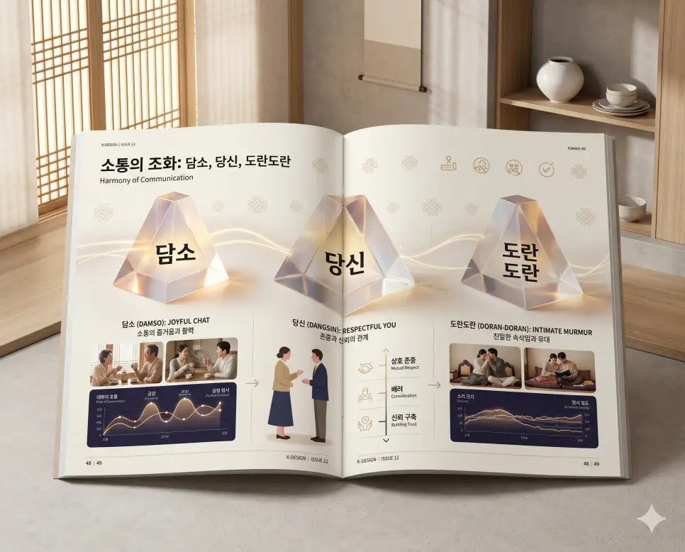담소 뜻, 당신 뜻, 도란도란 뜻: 정겨운 대화와 소중한 인연을 담은 우리말 정리 4 정겨운 대화와 소중한 인연을 담은 키워드인 담소, 당신, 도란도란의 개념을 한눈에 파악할 수 있도록 제작된 전문 매거진 스타일의 프리미엄 인포그래픽 포스터입니다. 세련된 한국인 모델과 정서적인 조명이 어우러진 배경 위에 정교한 데이터와 3D 크리스탈 질감을 배치하여 가독성을 극대화한 시각 자료입니다.