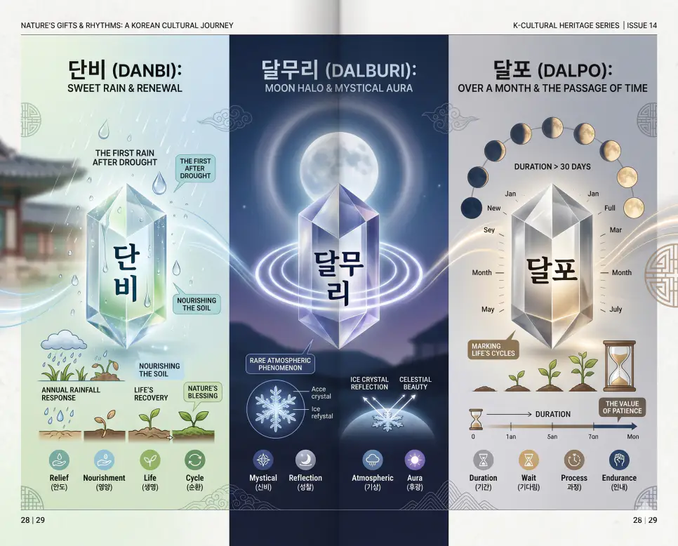 단비 뜻, 달무리 뜻, 달포 뜻: 간절한 성취와 자연의 신비, 시간의 여운을 담은 우리말 4 자연의 은총과 신비, 그리고 시간의 여운을 담은 키워드인 단비, 달무리, 달포의 개념을 한눈에 파악할 수 있도록 제작된 전문 매거진 스타일의 프리미엄 인포그래픽 포스터입니다. 세련된 한국인 모델과 몽환적인 자연광이 어우러진 배경 위에 정교한 데이터와 3D 크리스탈 질감을 배치하여 가독성을 극대화한 시각 자료입니다.