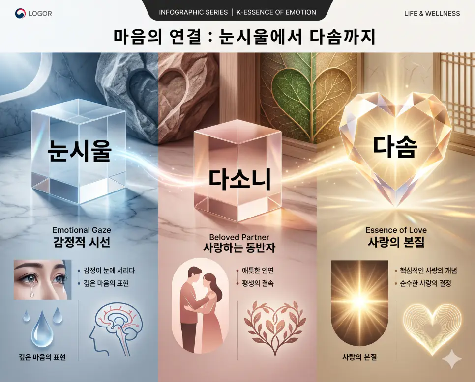 눈시울 뜻, 다소니 뜻, 다솜 뜻: 마음의 울림과 사랑의 본질을 담은 우리말 정리 4 마음의 울림과 사랑을 담은 키워드인 눈시울, 다소니, 다솜의 개념을 한눈에 파악할 수 있도록 제작된 전문 매거진 스타일의 프리미엄 인포그래픽 포스터입니다. 세련된 한국인 모델과 정서적인 배경 위에 정교한 데이터와 3D 크리스탈 질감을 배치하여 가독성을 극대화한 시각 자료입니다.