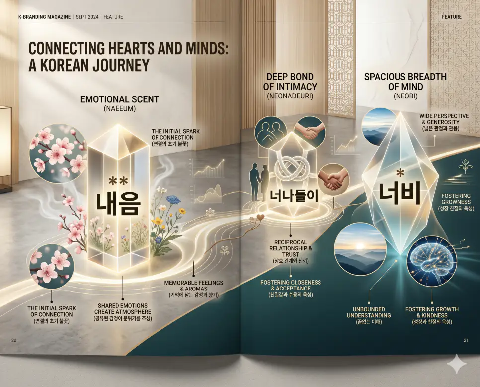 내음 뜻, 너나들이 뜻, 너비 뜻: 감성과 친밀함, 도량의 크기를 담은 우리말 정리 4 한국의 정서와 인간관계, 그리고 마음의 도량을 담은 키워드인 내음, 너나들이, 너비의 개념을 한눈에 파악할 수 있도록 제작된 전문 매거진 스타일의 프리미엄 인포그래픽 포스터입니다. 세련된 한국인 모델과 현대적인 미장센이 어우러진 배경 위에 정교한 데이터와 3D 크리스탈 질감을 배치하여 가독성을 극대화한 시각 자료입니다.