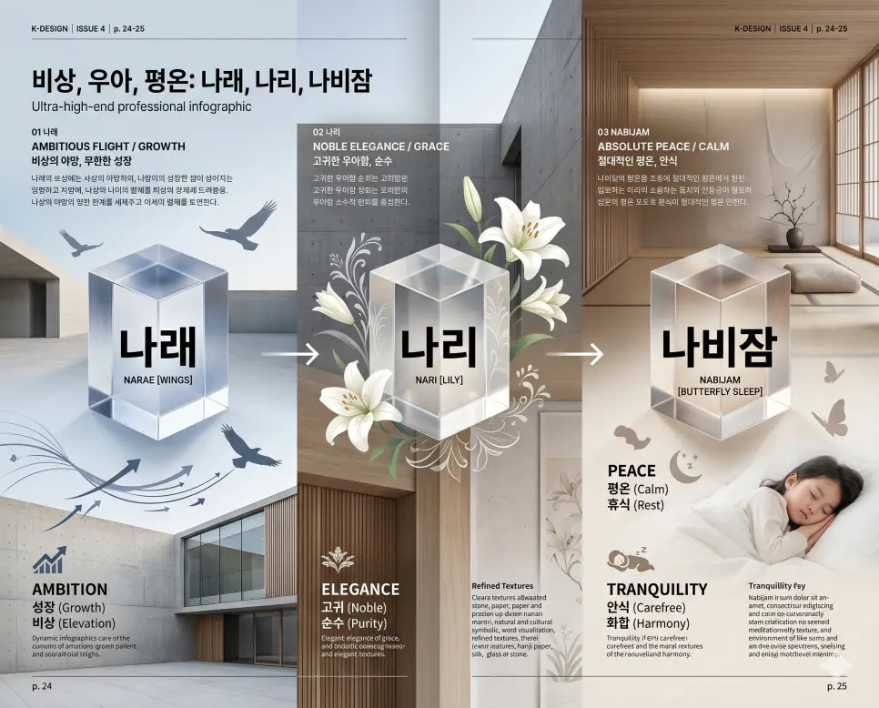 나래 뜻, 나리 뜻, 나비잠 뜻: 비상과 고귀함, 평온한 안식을 담은 우리말 정리 4 한국의 정서와 언어적 미학을 담은 키워드인 나래, 나리, 나비잠의 개념을 한눈에 파악할 수 있도록 제작된 전문 매거진 스타일의 프리미엄 인포그래픽 포스터입니다. 세련된 한국인 모델과 현대적인 미장센이 어우러진 배경 위에 정교한 데이터와 3D 크리스탈 질감을 배치하여 가독성을 극대화한 시각 자료입니다.