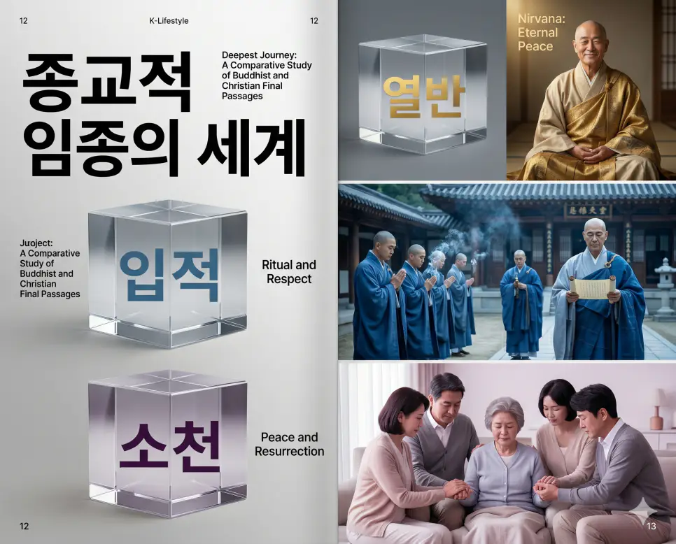 불교와 개신교의 임종 용어인 열반, 입적, 소천의 정확한 뜻을 한눈에 비교할 수 있도록 각 개념을 대변하는 직관적인 인물 중심의 시각적 상황을 체계적으로 배열하고, 왼쪽 크리스털 프리즘에 각 단어를 1:1로 매칭하여 가독성을 극대화한 프리미엄 인포그래픽 포스터입니다. 세련된 티타늄 그레이 배경 위에 정교한 레이아웃을 배치하여 정보의 신뢰성과 가독성을 극대화한 시각 자료입니다.