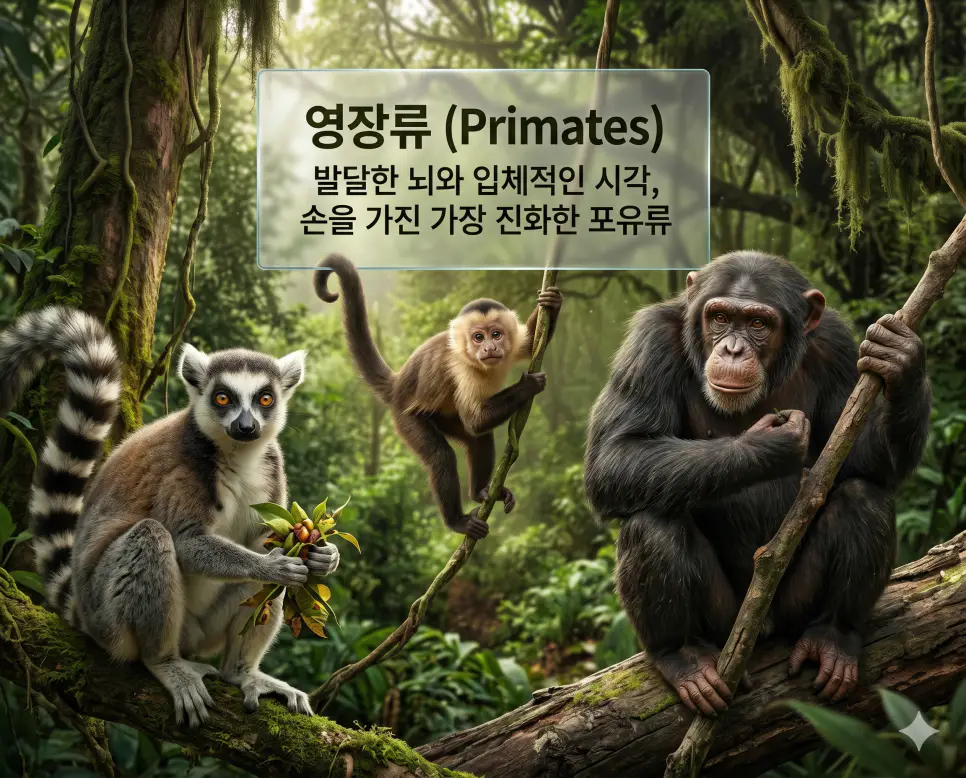 영장류 뜻, 유인원 뜻, 호모 사피엔스 뜻: 인류의 기원과 진화 과정 완벽 가이드 1 영장류 뜻을 설명하기 위해 물건을 쥘 수 있는 손과 입체적인 시각을 가진 원숭이와 유인원 등의 진화된 포유류를 시각화한 이미지