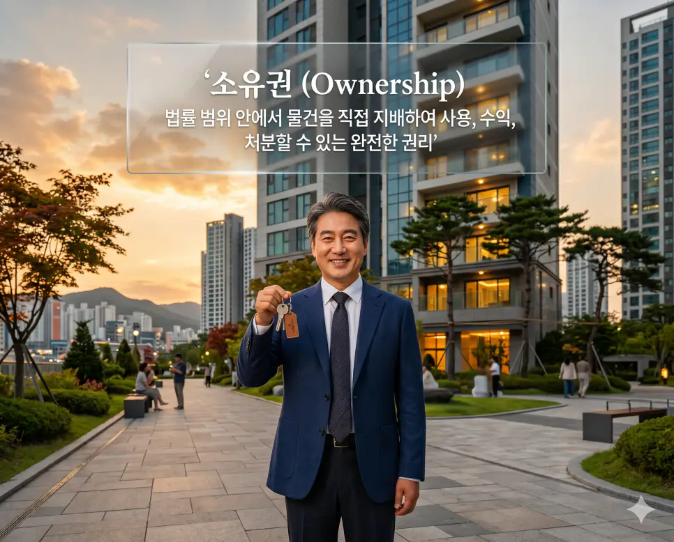 근저당 뜻, 소유권 뜻, 임대차 뜻: 부동산 계약 전 필수 법률 상식 2 소유권 뜻을 시각화하기 위해 특정한 물건을 직접 지배하여 사용하고 수익을 얻으며 처분할 수 있는 절대적 권리를 아파트 소유주의 모습으로 담은 이미지