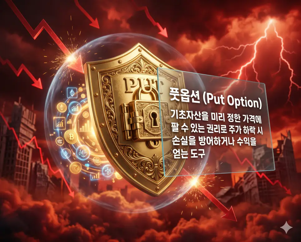 풋옵션 뜻, 선물 뜻, 파생상품 뜻: 레버리지와 위험 관리의 핵심 정리 1 풋옵션 뜻을 설명하기 위해 기초자산을 미리 정한 가격에 팔 수 있는 권리를 통해 하락장의 손실을 방어하는 보호막의 모습을 시각화한 자료