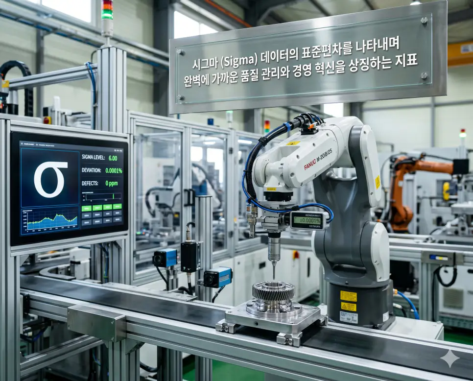 시그마 뜻을 설명하기 위해 데이터의 표준편차를 측정하고 완벽에 가까운 품질 관리를 실현하는 첨단 산업 현장의 모습을 극초실사 이미지로 시각화한 자료