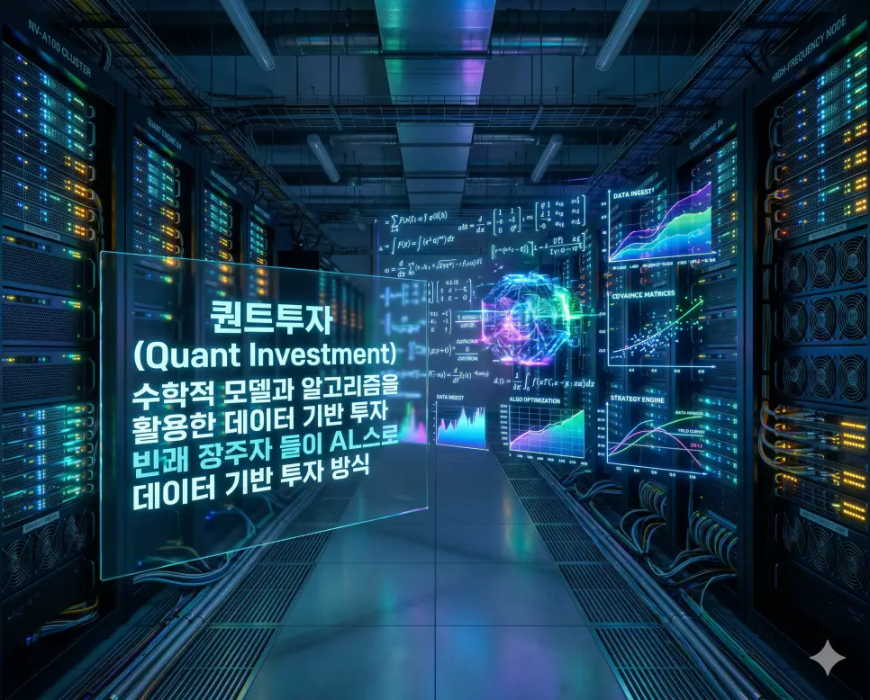 버블 뜻, 패닉셀 뜻, 퀀트투자 뜻: 시장 심리와 데이터 기반 투자 전략 정리 3 퀀트투자(Quant Investment)의 원리를 상세히 전달하기 위해 통계학적 기법과 수학적 모델을 활용하여 데이터를 분석하고 매매를 결정하는 하이테크 서버실 배경의 시각 자료입니다. 인간의 감정을 배제하고 철저히 수치에 기반한 알고리즘 매매 방식을 상징적으로 구현하였습니다.