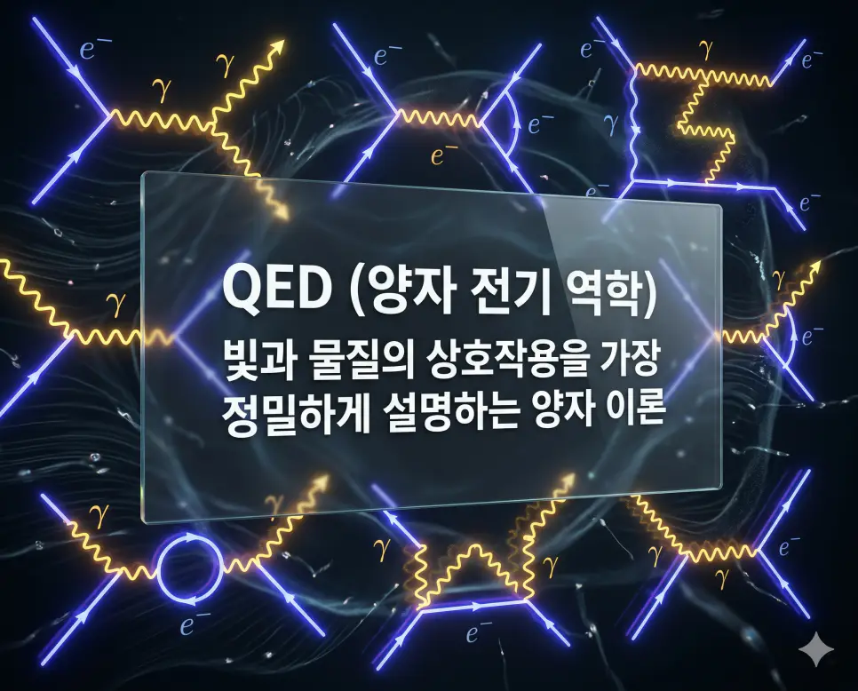 양성자 뜻, QED 뜻, 에너지준위 뜻: 미시 세계의 구조와 양자 상호작용 완벽 가이드 2 QED 뜻을 시각화하기 위해 빛과 전하를 가진 입자 사이의 복잡한 양자 역학적 상호작용을 파인만 도표 형식으로 표현한 이미지