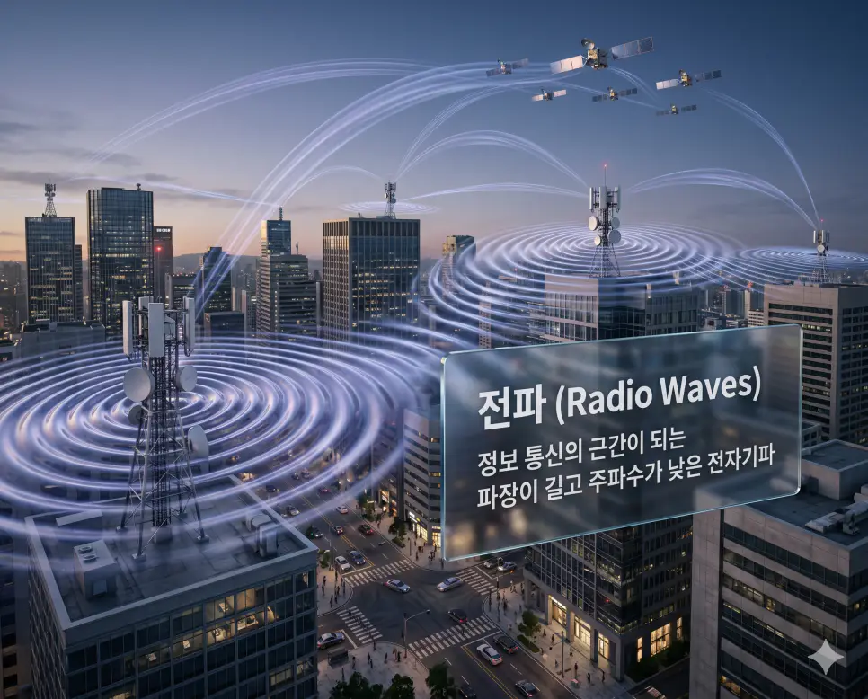 전파 뜻을 시각화하기 위해 보이지 않는 전자기파가 도시와 통신탑 사이를 연결하며 정보를 전달하는 가상의 기술 이미지