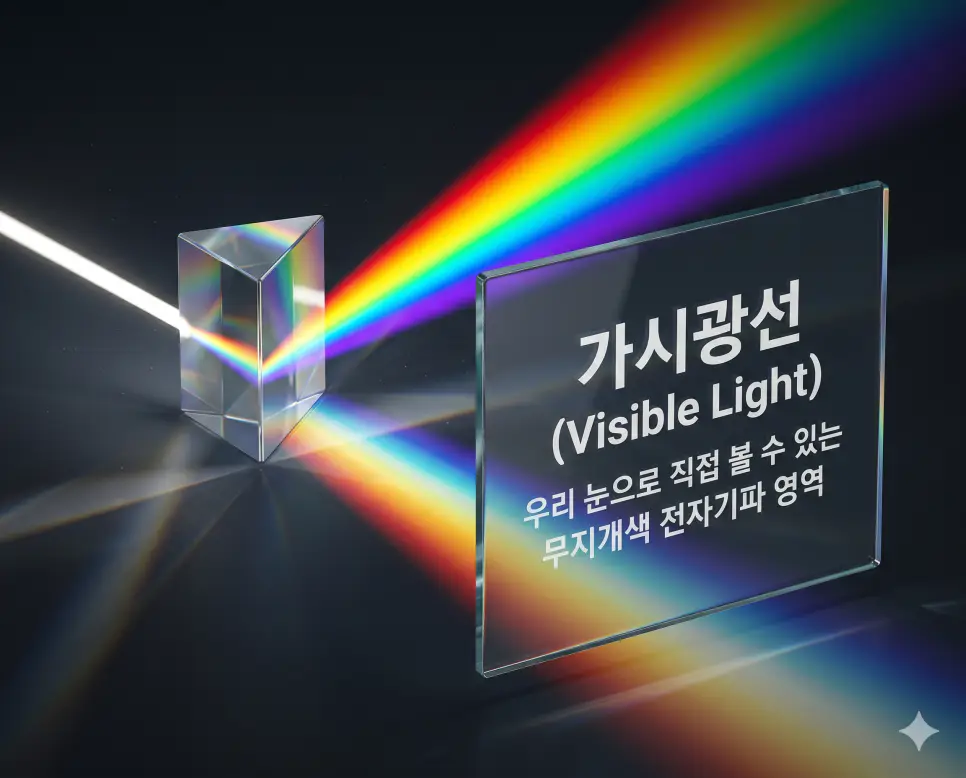 가시광선 뜻을 시각화하기 위해 프리즘을 통과한 백색광이 일곱 빛깔 무지개색 스펙트럼으로 나뉘는 과학적 이미지