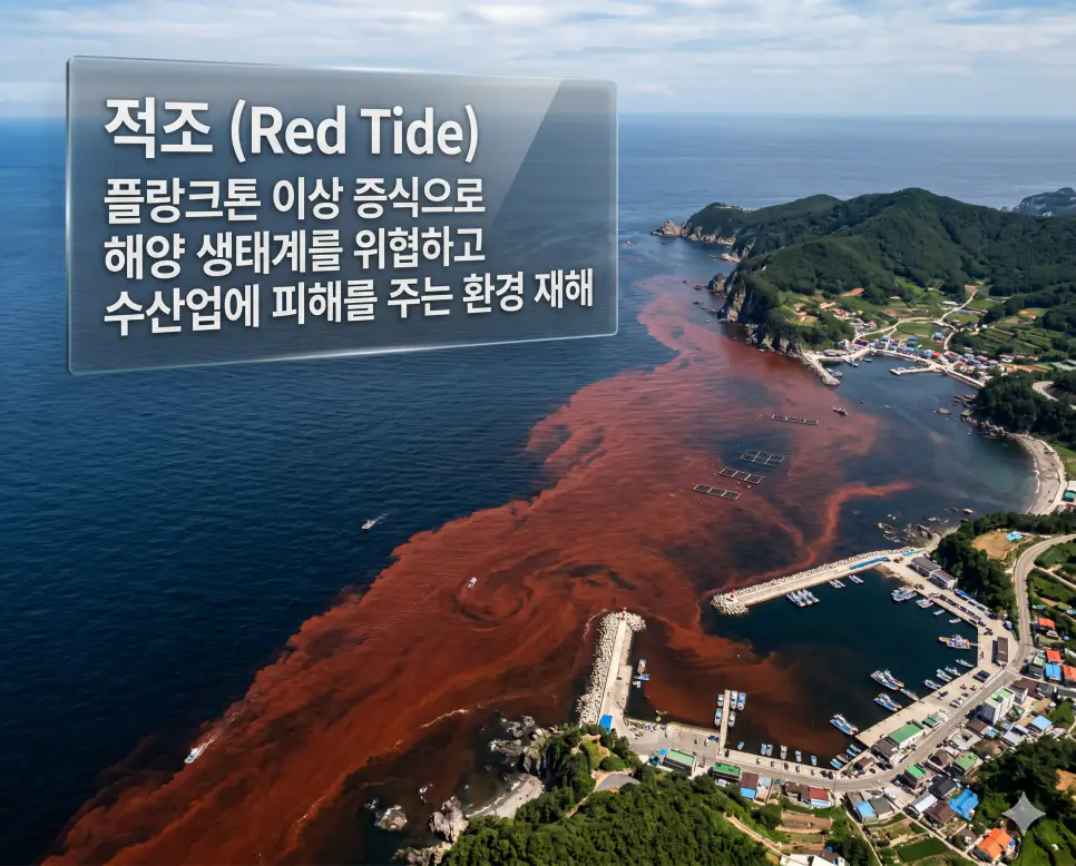 너울 뜻, 적조 뜻, 삼각주 뜻: 해상의 복병과 하구 지형의 특징 분석 2 적조 뜻을 시각화하기 위해 플랑크톤 급증으로 바닷물의 색이 붉게 변한 거대한 규모의 해안가 풍경을 포착한 고화질 사진