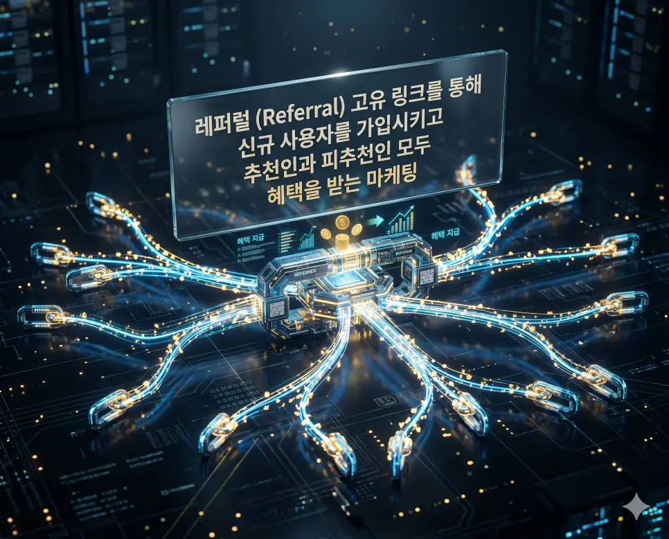 스테이킹 뜻, 레퍼럴 뜻, 볼린저밴드 뜻: 가상자산 투자와 기술적 분석 정리 2 레퍼럴(Referral) 마케팅의 구조를 설명하기 위해 기존 사용자의 고유 링크를 통해 신규 가입이 이루어지고, 추천인과 피추천인 모두에게 혜택이 연결되는 에너지 체인 네트워크를 담은 초정밀 실사 이미지입니다. 플랫폼 성장과 사용자 보상이 유기적으로 연결되는 현대적인 마케팅 전략을 시각화하였습니다.