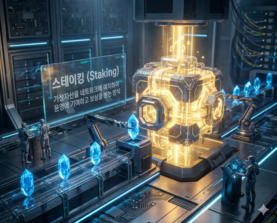 스테이킹 뜻, 레퍼럴 뜻, 볼린저밴드 뜻: 가상자산 투자와 기술적 분석 정리 1 스테이킹(Staking)의 원리를 시각화하기 위해 보유한 가상자산을 블록체인 네트워크에 예치하고 보상을 받는 디지털 금고와 에너지 흐름을 담은 고해상도 이미지입니다. 은행 예금과 유사하지만 네트워크 보안에 직접 기여하는 가상자산만의 독특한 보상 체계를 실사처럼 생생하게 표현했습니다.