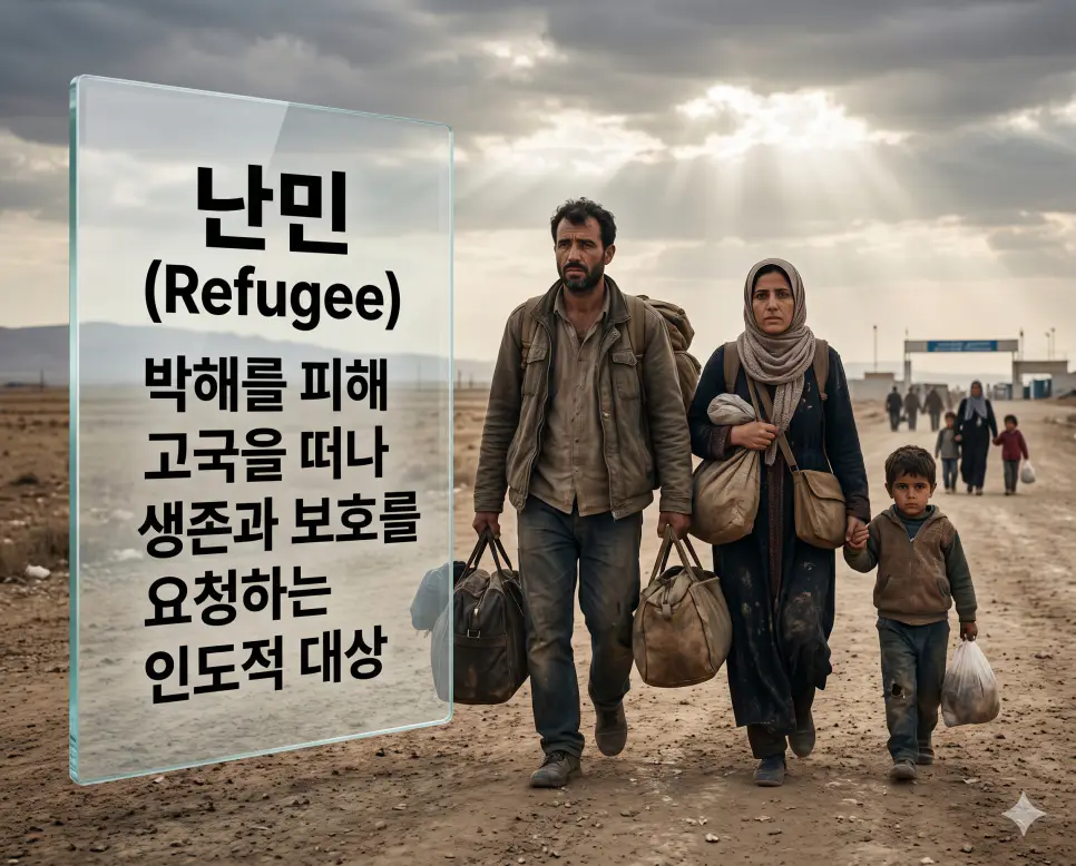 난민 뜻을 시각화하기 위해 박해를 피해 고국을 떠나 국경을 넘으며 국제적 보호와 생존을 바라는 가족의 여정을 담은 이미지