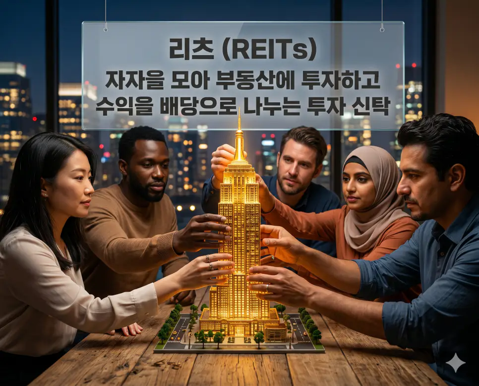 스왑 뜻, CDS 뜻, 리츠 뜻: 금융 리스크 관리와 부동산 간접 투자 정리 3 리츠(REITs) 뜻을 상세히 전달하기 위해 수많은 투자자의 자금이 모여 거대한 황금빛 랜드마크 빌딩을 형성하고, 그곳에서 발생하는 수익이 배당금으로 투명하게 분배되는 부동산 투자 신탁의 구조를 담은 자료입니다. 소액 투자자가 대형 부동산의 주인이 되어 자산 가치 상승을 누리는 과정을 프리미엄 인포그래픽 스타일로 담아냈습니다.