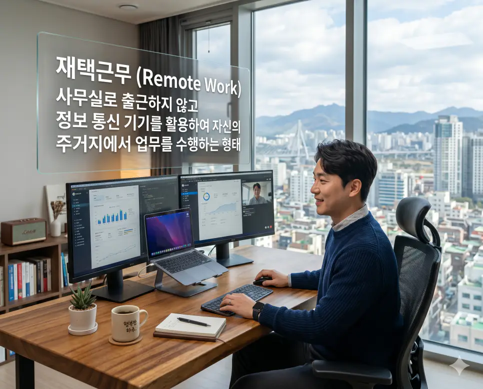 재택근무 뜻을 시각화하기 위해 정보 통신 기기를 활용하여 사무실 출근 없이 주거지에서 유연하게 업무를 수행하는 현대적인 근무 형태를 담은 이미지
