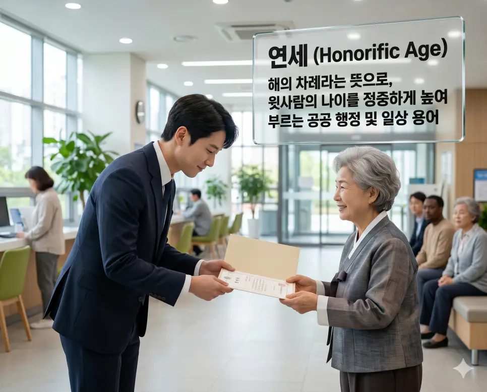 연세(Respectful Age)의 정중한 일상 예법을 즉각적으로 인지할 수 있도록, 밝고 쾌적한 주민 센터 안에서 예의 바른 한국인 젊은 직원이 자애로운 미소의 할머니께 정중히 허리를 굽혀 서류를 건네며 대화하는 장면을 촬영한 고해상도 실사 이미지입니다. 윗사람의 나이를 높여 부르는 정중한 공공 예절의 따뜻함을 인물들의 공손한 자세와 밝은 상호작용을 통해 직관적으로 시각화했습니다.