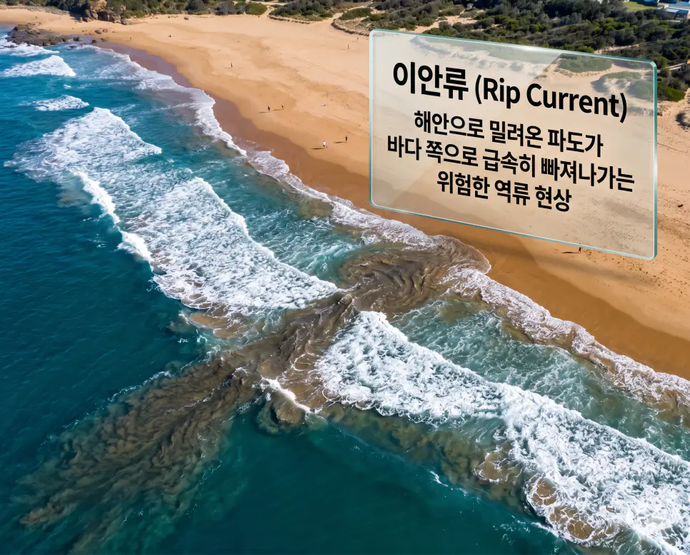해안선 뜻, 염분 뜻, 이안류 뜻: 해양 영토의 기준과 위험한 해상 현상 분석 3 이안류 뜻을 정의하기 위해 해변에서 바다 쪽으로 강력하게 빠져나가는 역류 현상을 하늘에서 포착한 위험 경고 이미지