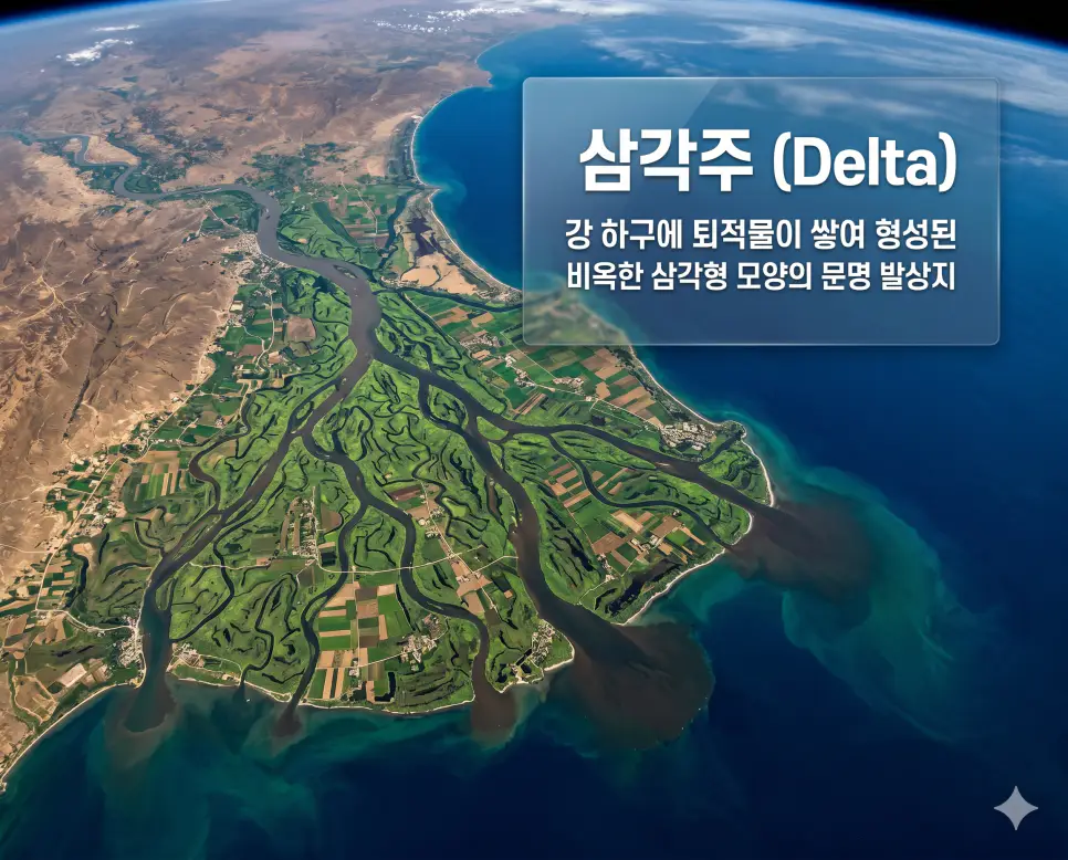 너울 뜻, 적조 뜻, 삼각주 뜻: 해상의 복병과 하구 지형의 특징 분석 3 삼각주 뜻을 정의하기 위해 강물이 바다로 흘러들며 형성한 비옥하고 거대한 삼각형 모양의 퇴적 지형을 하늘에서 내려다본 이미지