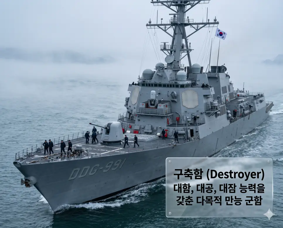 구축함 뜻을 시각화하기 위해 최첨단 무기 체계와 레이더를 갖추고 영해를 수호하는 대한민국 해군의 위풍당당한 이지스 구축함을 포착한 8k 실사 사진