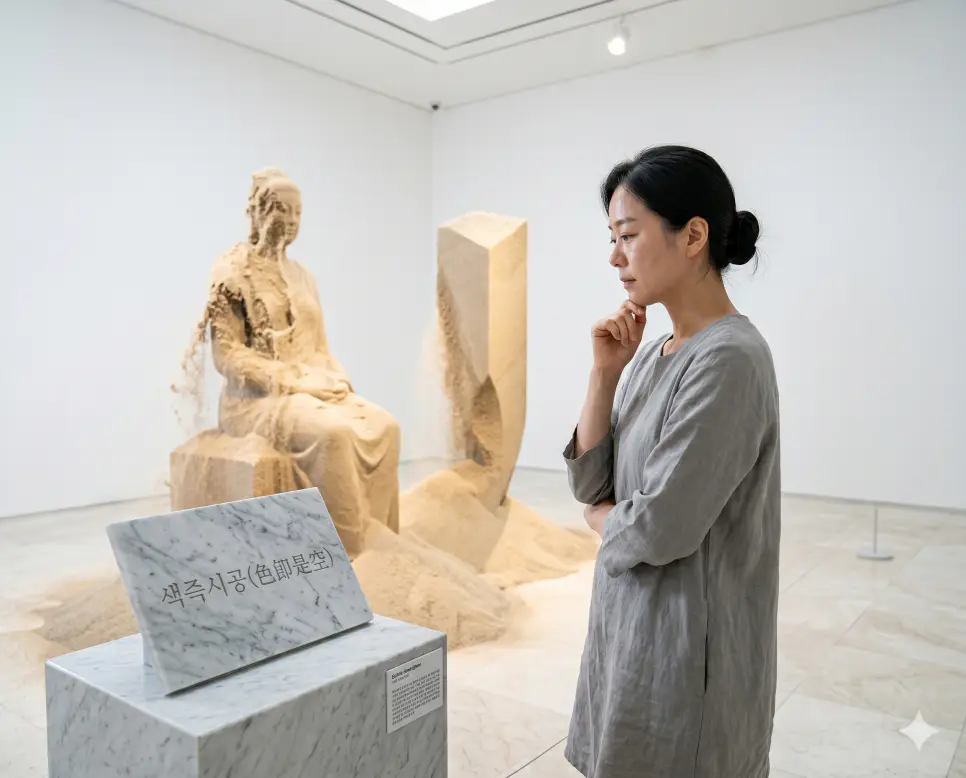 천상 뜻, 색즉시공 뜻, 시절인연 뜻: 우주의 본질을 꿰뚫는 진리와 자연의 법칙 2 색즉시공 인연에 따른 생멸 진리 의미를 시각화하기 위해 현대적인 갤러리 안에서 한 여성이 모래 예술품을 보며 내면의 명상을 하는 인물 실사 모습
