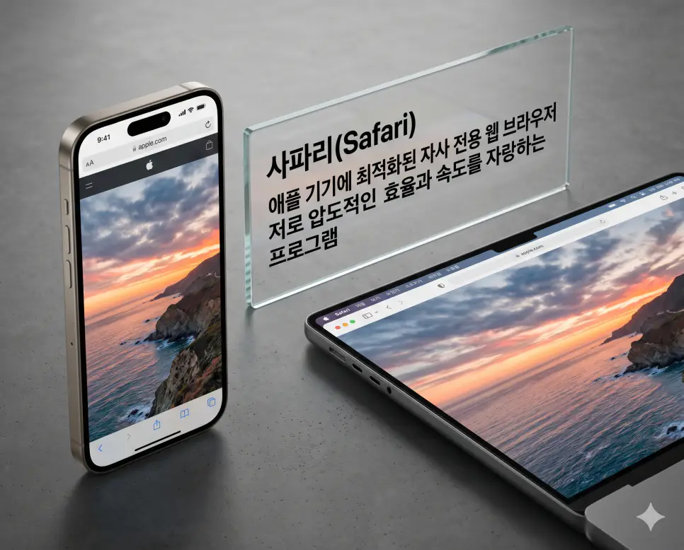 파운드리 뜻, 팹리스 뜻, 사파리 뜻: 반도체와 웹 생태계 완벽 정리 3 사파리 뜻을 설명하기 위해 애플 기기에 최적화되어 압도적인 에너지 효율과 속도를 자랑하는 자사 전용 웹 브라우저를 표현한 시각 자료