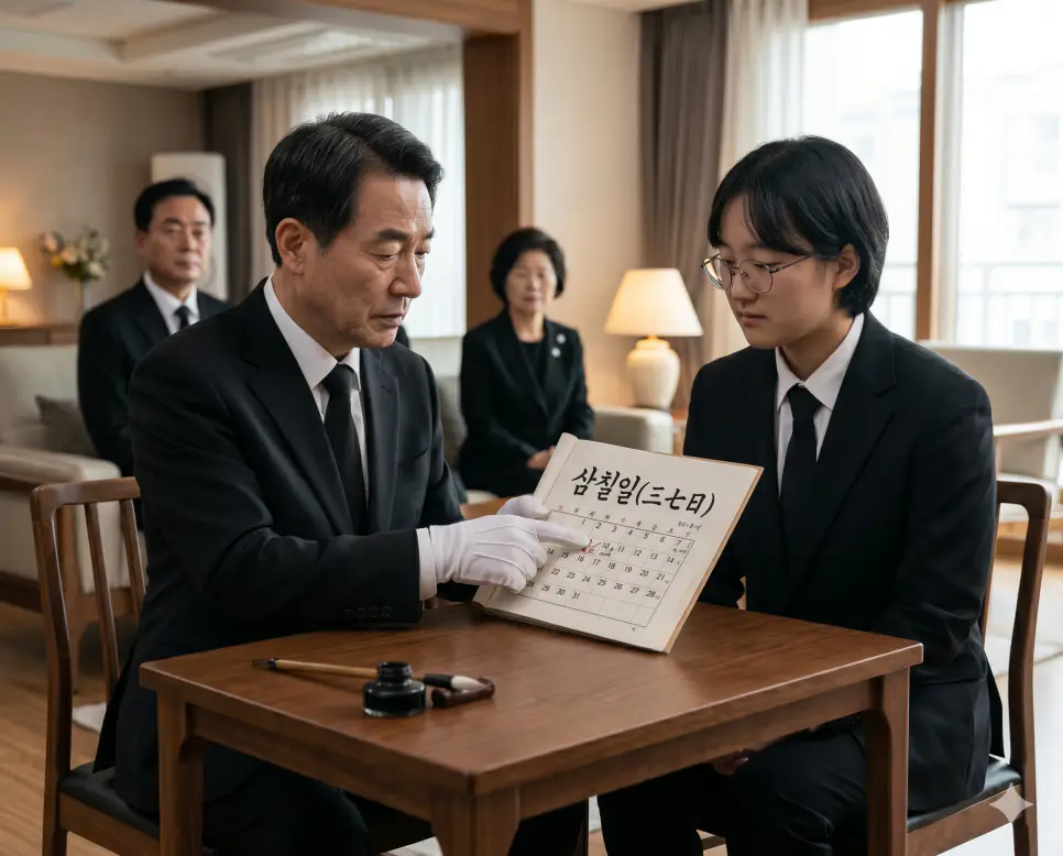삼칠일 뜻 의미를 시각화하기 위해 거실 안에서 할아버지가 손자에게 가문의 중요한 21일 기일이 표기된 달력을 가리키는 인물 실사 모습