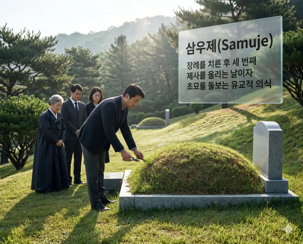 삼우제(Samuje)의 유교적 예법을 즉각적으로 인지할 수 있도록, 맑은 아침 공기가 감도는 야외 묘소 앞에서 한국인 가족들이 엄숙하게 서 있고 아들이 고인을 그리워하는 표정으로 묘소 주변의 풀을 정성껏 정리하는 초묘 돌봄 장면을 묘사한 고해상도 실사 이미지입니다. 장례 후 세 번째 제사를 올리며 안식을 확인하는 의례의 신성함을 인물들의 정중한 자세와 깨끗한 묘역 환경을 통해 직관적으로 시각화했습니다.