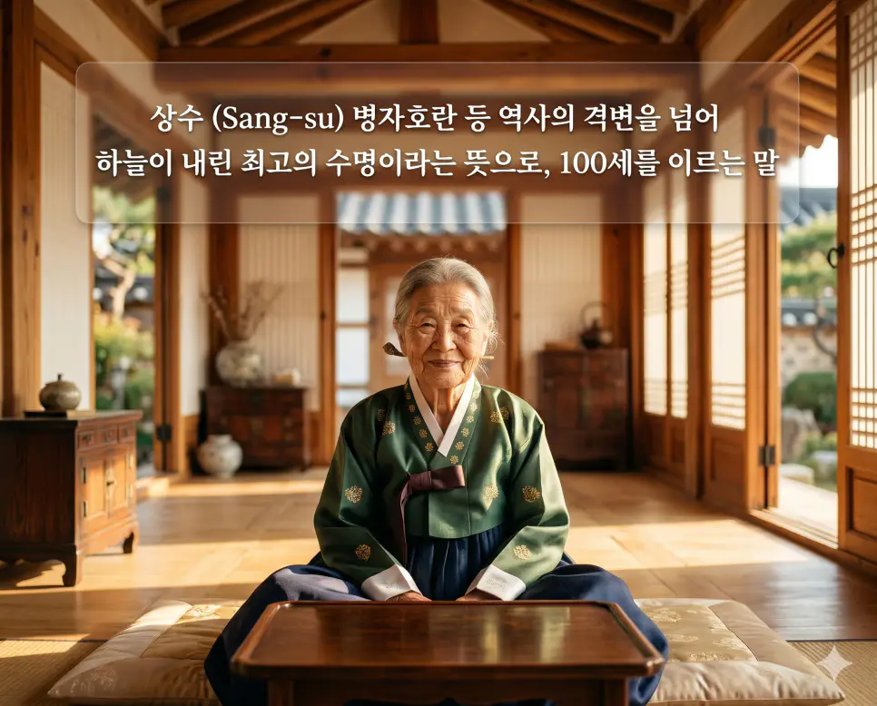 상수(Sang-su)의 숭고한 100세 장수를 직관적으로 설명하기 위해, 따뜻한 금빛 햇살이 스며드는 한옥 방 안에서 한 세기의 역사를 담은 깊고 우아한 주름과 인자한 미소를 지으며 앞을 응시하는 100세 한국인 어르신의 모습을 촬영한 고해상도 실사 이미지입니다. 하늘이 내린 최고의 수명을 맞이한 삶의 지혜와 평온함을 인물의 성스러운 표정과 정갈한 분위기를 통해 한눈에 파악할 수 있도록 구현했습니다.