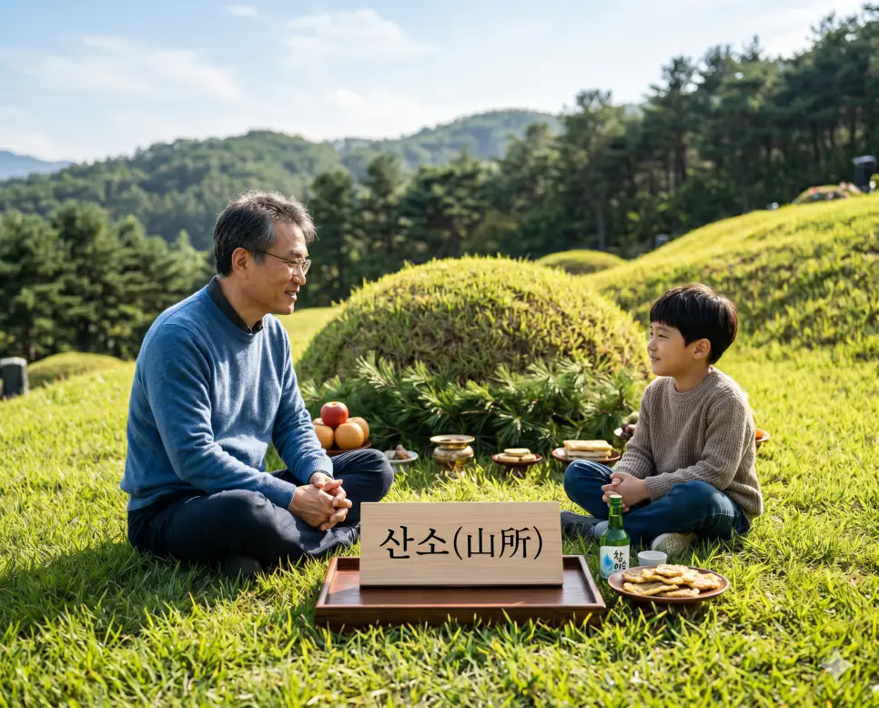 묘소 뜻, 산소 뜻, 봉안당 뜻: 고인을 모시는 추모 공간의 정의와 장제 시설의 차이점 2 산소 뜻 어휘를 설명하기 위해 푸른 잔디가 깔린 산등성이 무덤 옆에서 아버지와 어린 아들이 정중히 조상을 기리는 인물 실사 모습