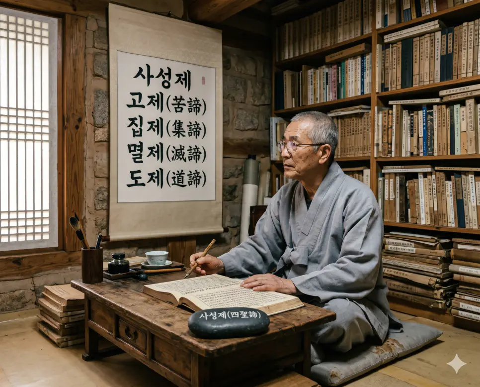 사성제 네 가지 성스러운 진리 뜻을 표기하기 위해 도서 보관소 내부에서 노승이 인간의 괴로움을 소멸시키는 스크롤을 참구하는 인물 실사 이미지