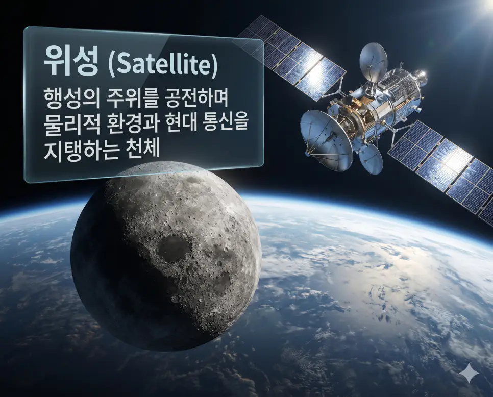 혜성 뜻, 위성 뜻, 자전 뜻: 우주의 전령과 공전의 동반자 및 행성 운동 분석 2 위성 뜻을 시각화하기 위해 행성의 궤도를 도는 자연 위성인 달과 인공 위성의 모습을 세련되게 표현한 사진