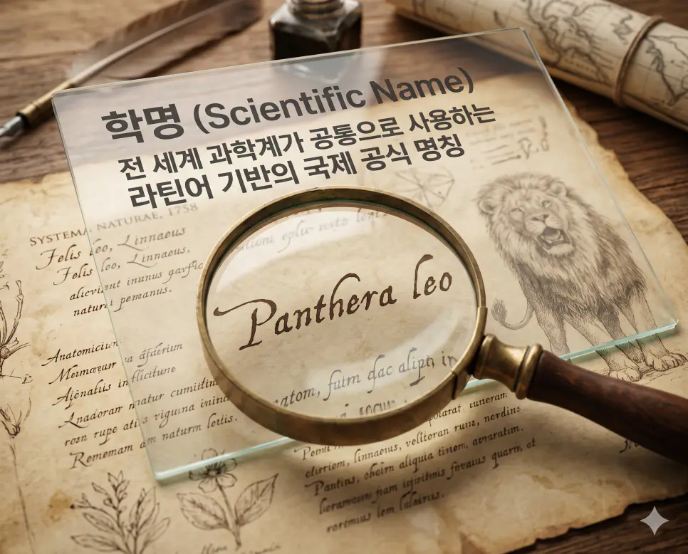 학명 뜻을 설명하기 위해 전 세계 과학계가 공통으로 사용하는 라틴어 기반의 국제 공식 명칭과 이명법의 원리를 표현한 시각 자료
