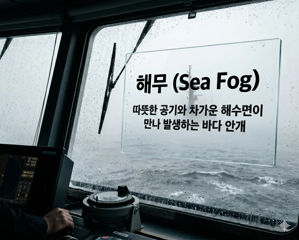 해무 뜻을 설명하기 위해 짙은 안개 속을 항해하는 대형 선박의 조타실에서 바라본 실제 바다 안개 풍경 사진