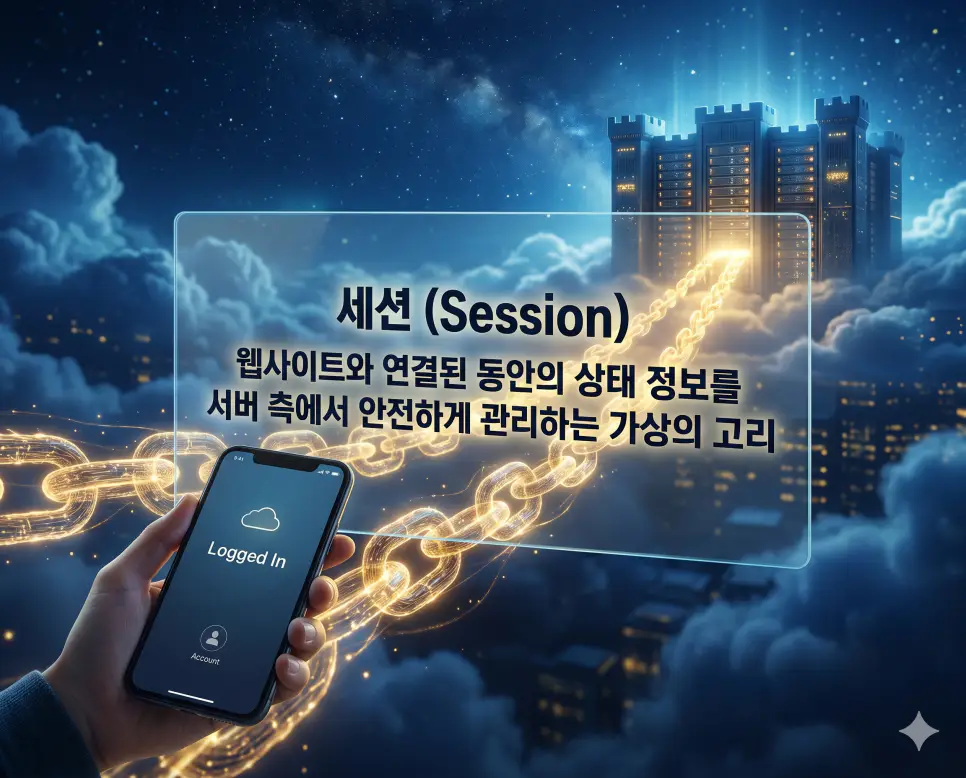 세션 뜻을 설명하기 위해 사용자와 서버 간의 상태 정보를 안전하게 연결하고 유지하는 보안 통신 환경을 표현한 시각 자료